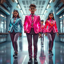A futuristic school uniform design, featuring sleek, form-fitting materials, with neon accents and geometric patterns