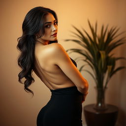 A confident woman with a prominent backside, elegantly posed in an artistic manner