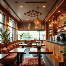 A modern Arabic coffee shop interior featuring warm wood elements, beautifully adorned with intricate geometric patterns