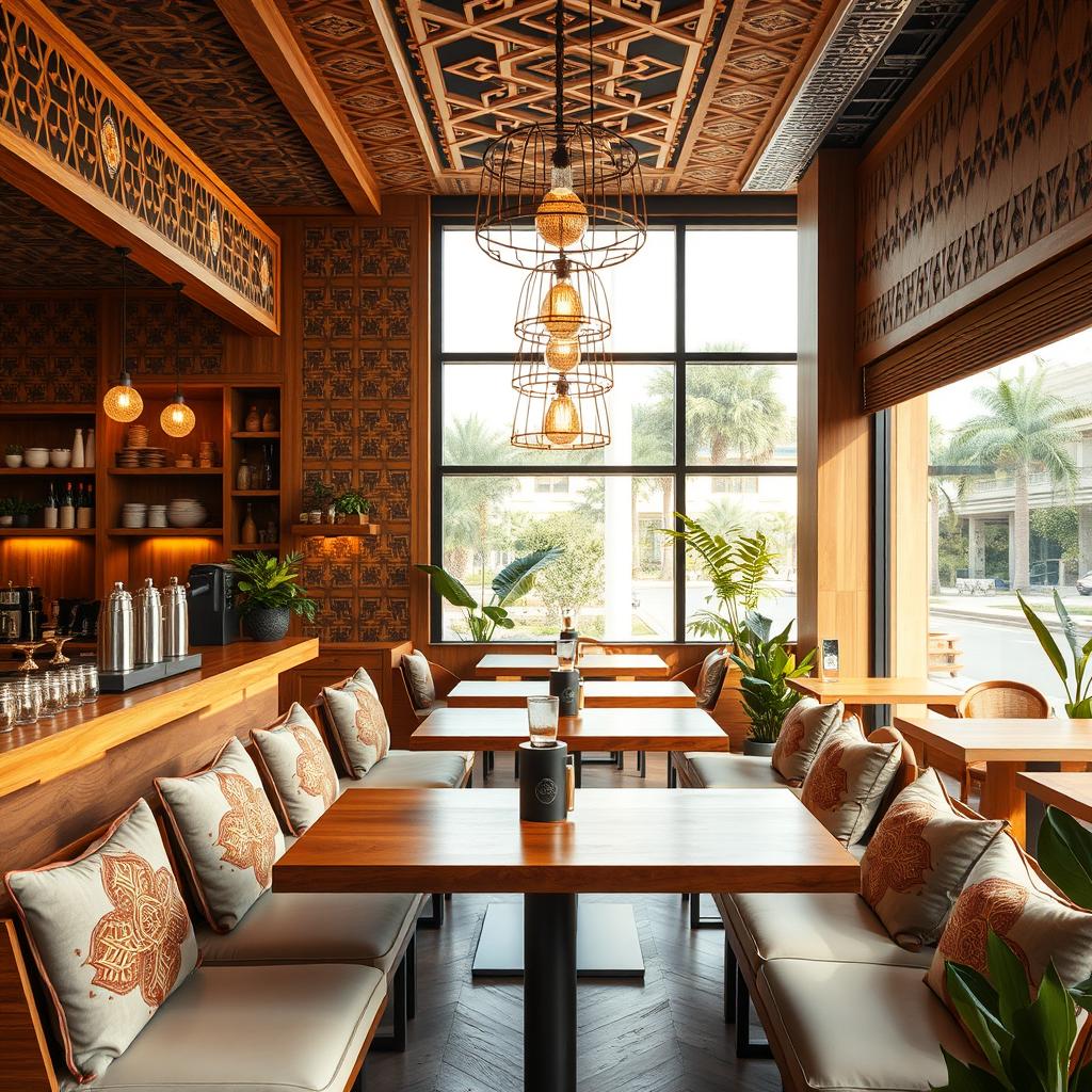 A modern Arabic coffee shop interior featuring warm wood elements, beautifully adorned with intricate geometric patterns