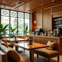 A modern Arabic coffee shop interior featuring warm wood elements, beautifully adorned with intricate geometric patterns