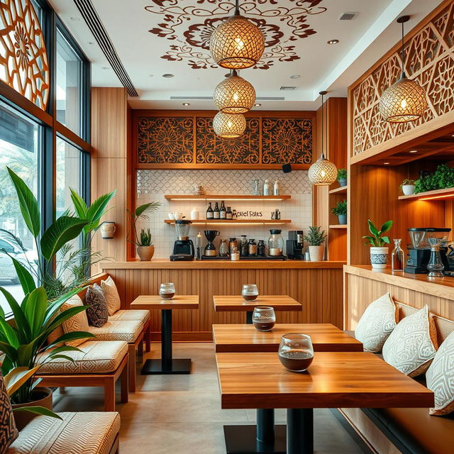 A modern Arabic coffee shop interior featuring warm wood elements, beautifully adorned with intricate geometric patterns