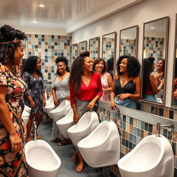 A vibrant and bustling women's restroom scene featuring several women utilizing modern straddle urinals