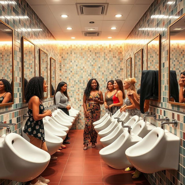 A vibrant and bustling women's restroom scene featuring several women utilizing modern straddle urinals