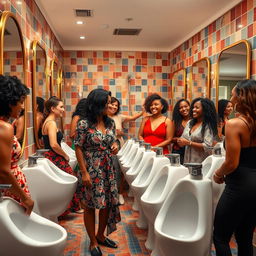 A vibrant and bustling women's restroom scene featuring several women utilizing modern straddle urinals