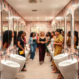 A vibrant and bustling women's restroom scene featuring several women utilizing modern straddle urinals
