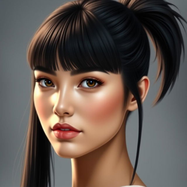 A realistic portrait of a young woman with long, straight black hair styled in a ponytail, featuring fringe bangs