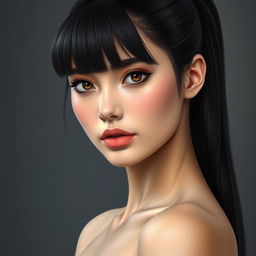 A realistic portrait of a young woman with long, straight black hair styled in a ponytail, featuring fringe bangs