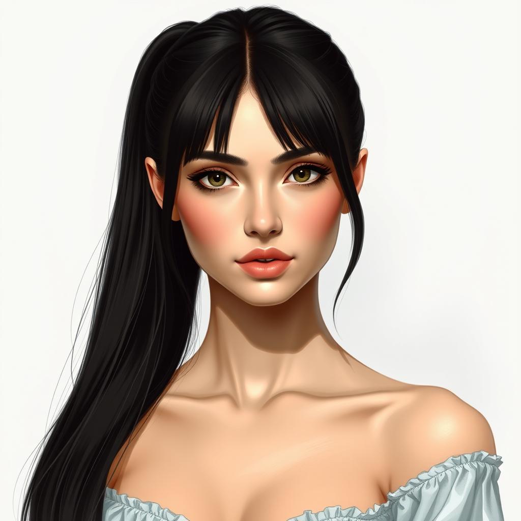 A realistic portrait of a young woman with long, straight black hair styled in a ponytail, featuring fringe bangs