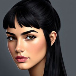 A realistic portrait of a young woman with long, straight black hair styled in a ponytail, featuring fringe bangs