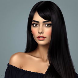 A realistic portrait of a young woman with long, straight black hair styled with fringe bangs