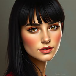 A realistic portrait of a young woman with long, straight black hair styled with fringe bangs