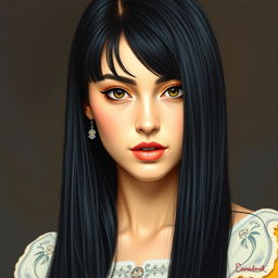 A realistic portrait of a young woman with long, straight black hair styled with fringe bangs
