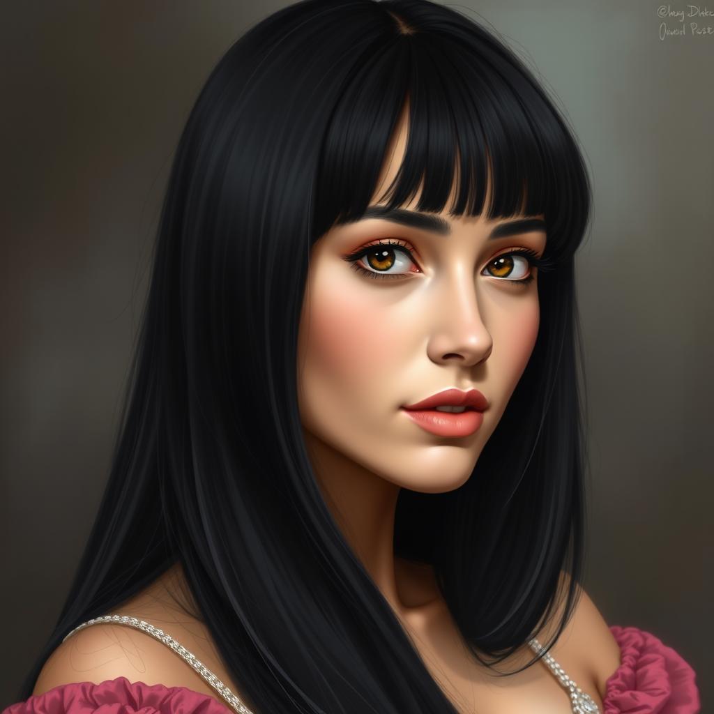 A realistic portrait of a young woman with long, straight black hair styled with fringe bangs