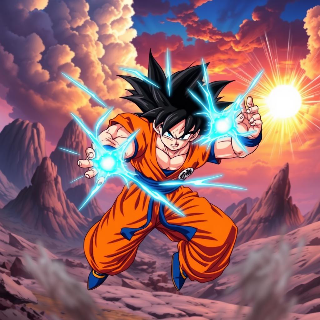 An action-packed scene featuring Goku from Dragon Ball Z in a dynamic fighting pose