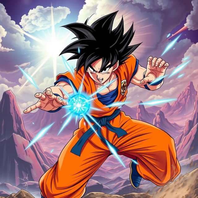 An action-packed scene featuring Goku from Dragon Ball Z in a dynamic fighting pose