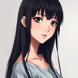 A realistic portrait of a young woman with long, straight black hair styled with fringe bangs, resembling the character 'Kiss-Shot' from the anime 'Bakemonogatari'