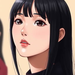A realistic portrait of a young woman with long, straight black hair styled with fringe bangs, resembling the character 'Kiss-Shot' from the anime 'Bakemonogatari'