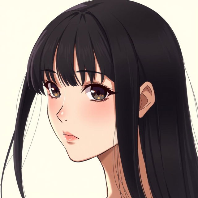 A realistic portrait of a young woman with long, straight black hair styled with fringe bangs, resembling the character 'Kiss-Shot' from the anime 'Bakemonogatari'