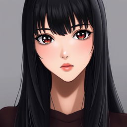 A realistic portrait of a young woman with long, straight black hair styled with fringe bangs, resembling the character 'Kiss-Shot' from the anime 'Bakemonogatari'