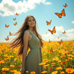 a beautiful young woman with long flowing hair, wearing a stylish dress, standing in a sunlit field of flowers, her expression serene and joyful, surrounded by vibrant butterflies, the sky is blue and clear, with soft white clouds drifting by
