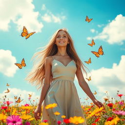 a beautiful young woman with long flowing hair, wearing a stylish dress, standing in a sunlit field of flowers, her expression serene and joyful, surrounded by vibrant butterflies, the sky is blue and clear, with soft white clouds drifting by