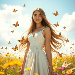 a beautiful young woman with long flowing hair, wearing a stylish dress, standing in a sunlit field of flowers, her expression serene and joyful, surrounded by vibrant butterflies, the sky is blue and clear, with soft white clouds drifting by