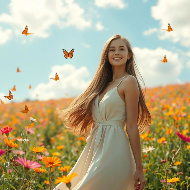 a beautiful young woman with long flowing hair, wearing a stylish dress, standing in a sunlit field of flowers, her expression serene and joyful, surrounded by vibrant butterflies, the sky is blue and clear, with soft white clouds drifting by