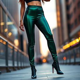 A fashionable model wearing shiny satin leggings that hug her curves perfectly, showcasing a high-fashion look