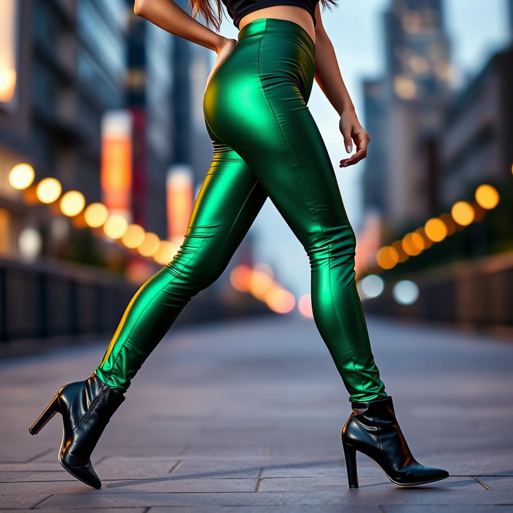 A fashionable model wearing shiny satin leggings that hug her curves perfectly, showcasing a high-fashion look