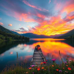 A serene landscape showcasing a stunning sunset over a tranquil lake surrounded by lush green forests and distant mountains