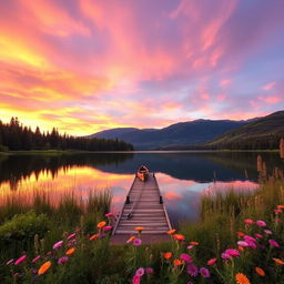 A serene landscape showcasing a stunning sunset over a tranquil lake surrounded by lush green forests and distant mountains