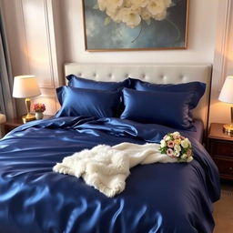 A luxurious bedroom scene featuring deep blue satin bed sheets elegantly draped over a plush queen-sized bed