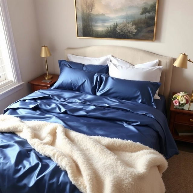 A luxurious bedroom scene featuring deep blue satin bed sheets elegantly draped over a plush queen-sized bed