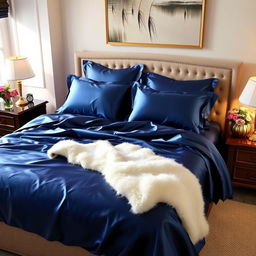 A luxurious bedroom scene featuring deep blue satin bed sheets elegantly draped over a plush queen-sized bed