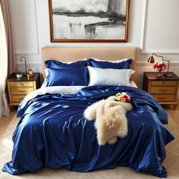 A luxurious bedroom scene featuring deep blue satin bed sheets elegantly draped over a plush queen-sized bed