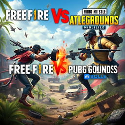 A dynamic and exciting battle scene depicting characters from Free Fire and PUBG Mobile facing off against each other