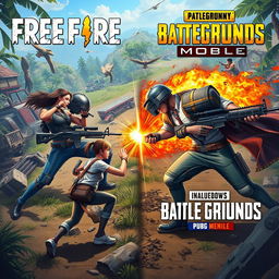 A dynamic and exciting battle scene depicting characters from Free Fire and PUBG Mobile facing off against each other