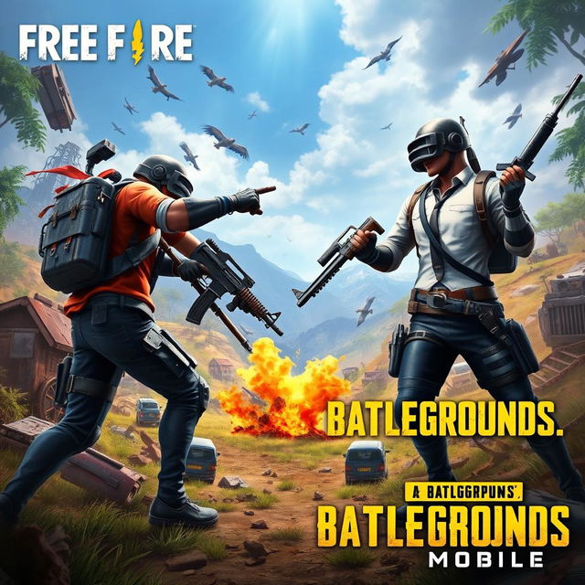 A dynamic and exciting battle scene depicting characters from Free Fire and PUBG Mobile facing off against each other