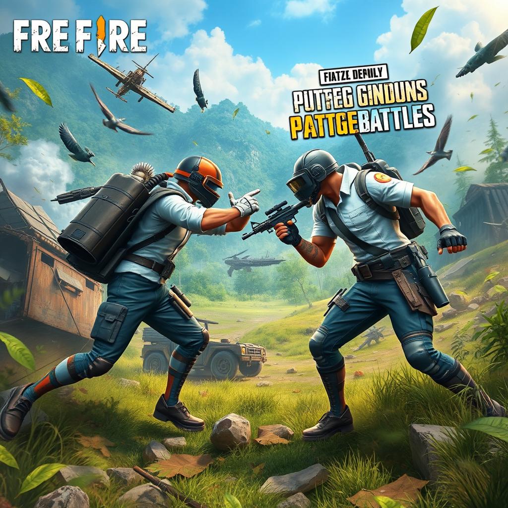 A dynamic and exciting battle scene depicting characters from Free Fire and PUBG Mobile facing off against each other