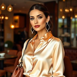 A luxurious woman wearing a satin silk blouse, detailed fabric texture reflecting soft light, elegantly styled in a fashionable pose, paired with chic accessories such as statement earrings and a stylish handbag