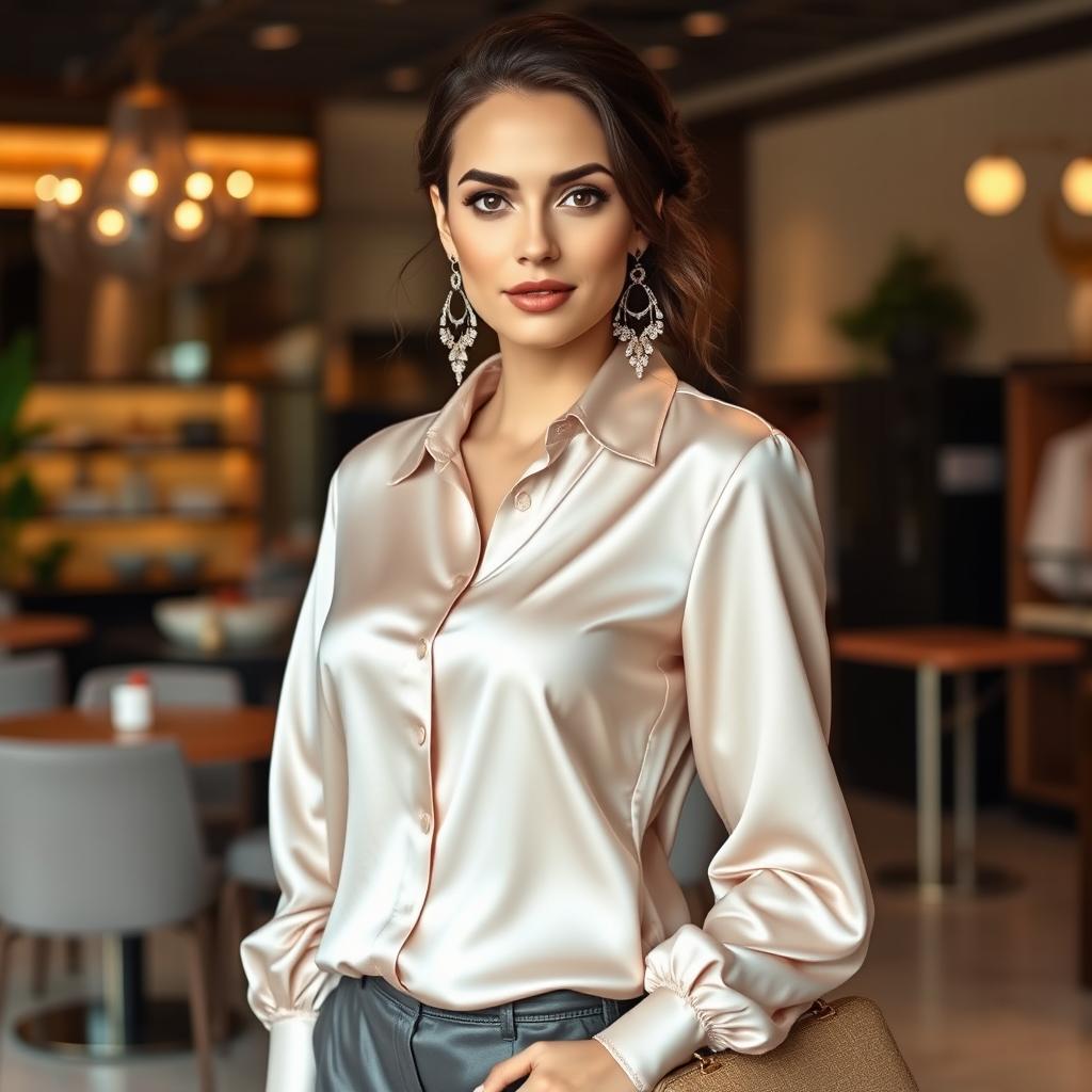 A luxurious woman wearing a satin silk blouse, detailed fabric texture reflecting soft light, elegantly styled in a fashionable pose, paired with chic accessories such as statement earrings and a stylish handbag