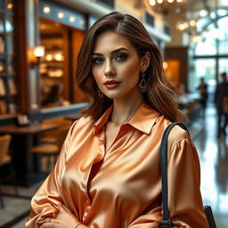 A luxurious woman wearing a satin silk blouse, detailed fabric texture reflecting soft light, elegantly styled in a fashionable pose, paired with chic accessories such as statement earrings and a stylish handbag