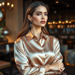 A luxurious woman wearing a satin silk blouse, detailed fabric texture reflecting soft light, elegantly styled in a fashionable pose, paired with chic accessories such as statement earrings and a stylish handbag