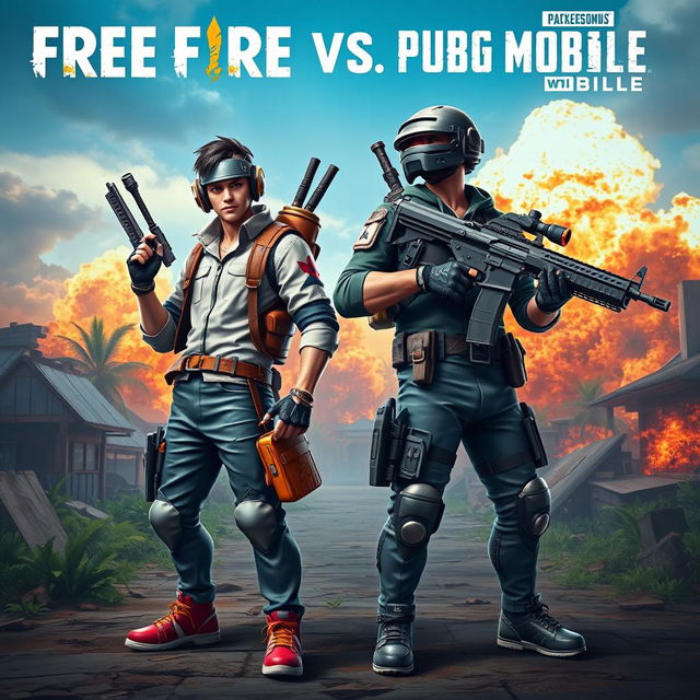 A dynamic and engaging scene depicting a face-off between two iconic gaming characters from Free Fire and PUBG Mobile