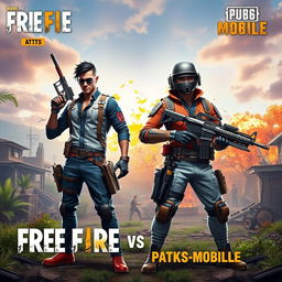 A dynamic and engaging scene depicting a face-off between two iconic gaming characters from Free Fire and PUBG Mobile
