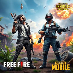 A dynamic and engaging scene depicting a face-off between two iconic gaming characters from Free Fire and PUBG Mobile