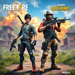 A dynamic and engaging scene depicting a face-off between two iconic gaming characters from Free Fire and PUBG Mobile