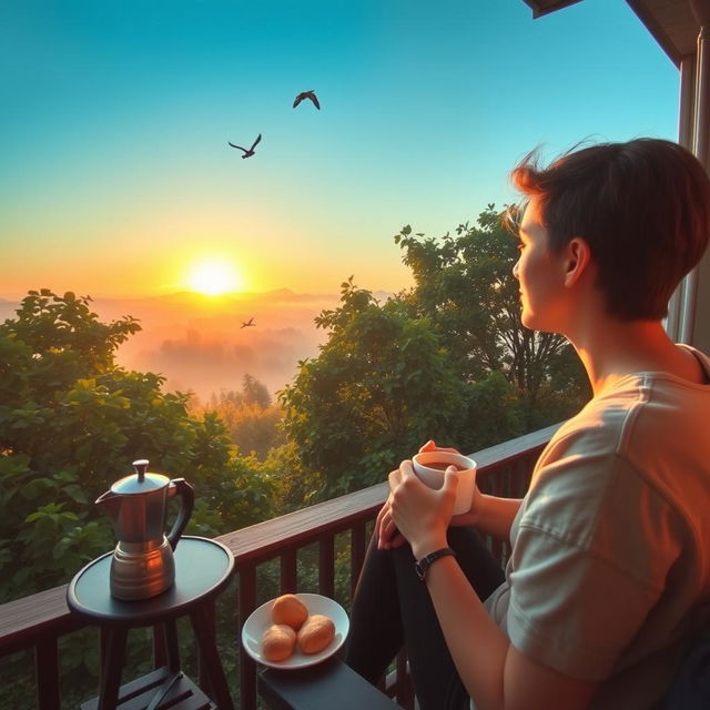 A serene morning scene featuring a person enjoying a cup of coffee on a wooden balcony overlooking a lush green landscape