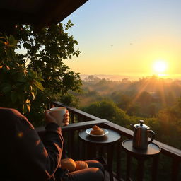 A serene morning scene featuring a person enjoying a cup of coffee on a wooden balcony overlooking a lush green landscape